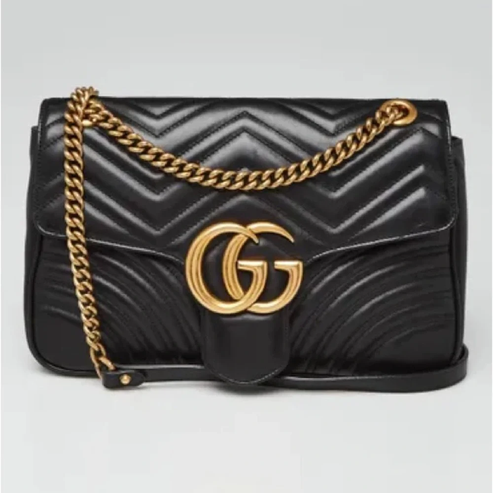 Gucci GG Marmont Medium Shoulder Bag Black Leather Gold Double G Chain